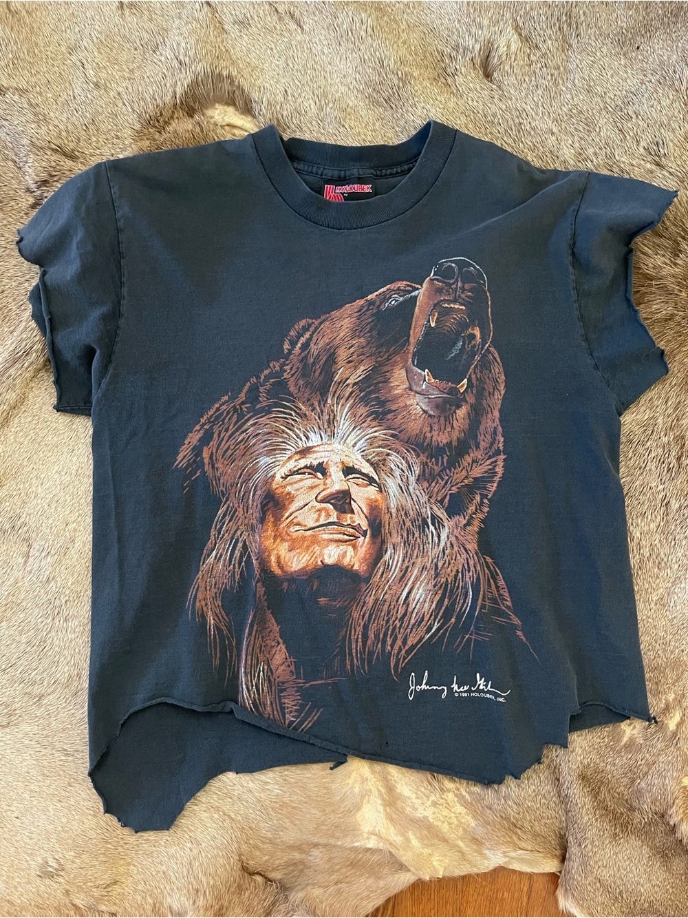 Vintage Black Graphic Tee with Bear and Native Portrait